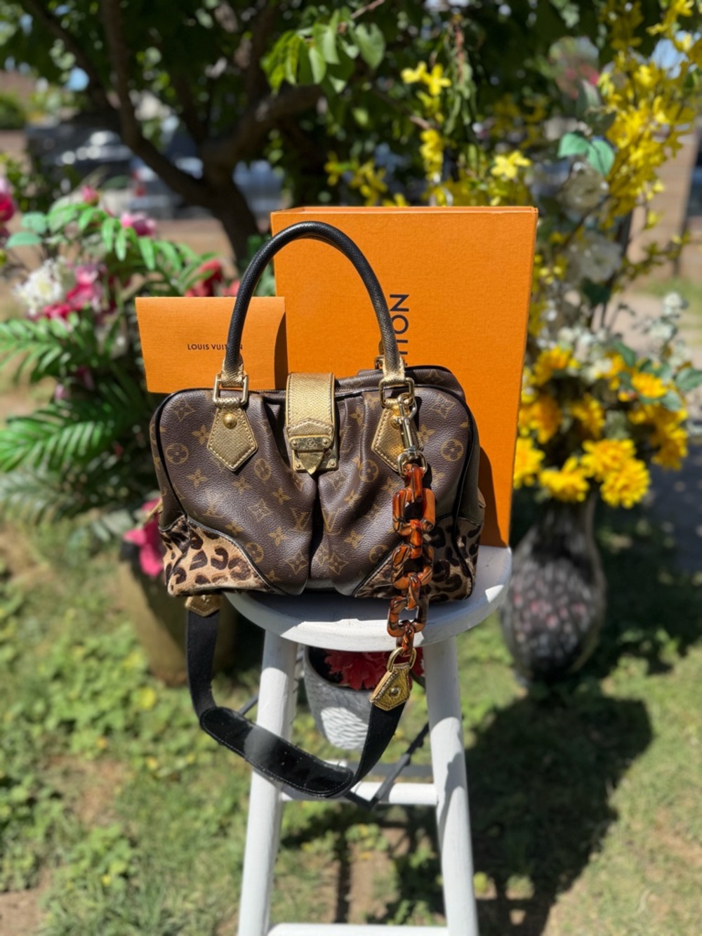 Louis Vuitton Brown Monogram Satchel with Leopard Accents and Gold Hardware